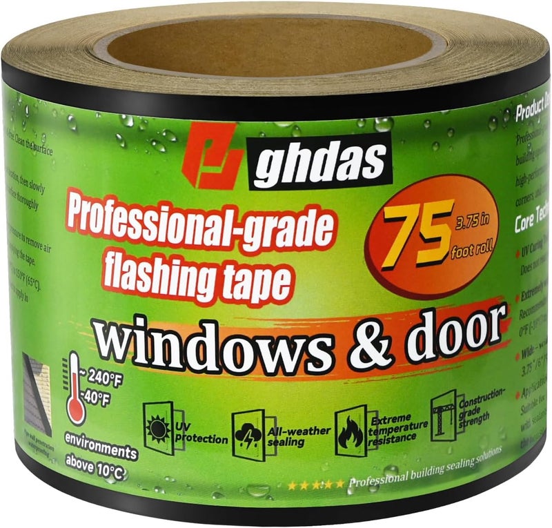 Bghdas Flashing Tape, 3.75" x 75', Industrial Strength for Windows, Doors, Weather-Resistant, UV-Resistant, Tear-Resistant, Advanced Acrylic Adhesive, Black - Image 1